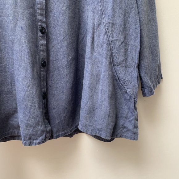 FLAX Linen Tunic Top Size Small Blue Holiday Relaxed Oversized Long Sleeves - Picture 7 of 10